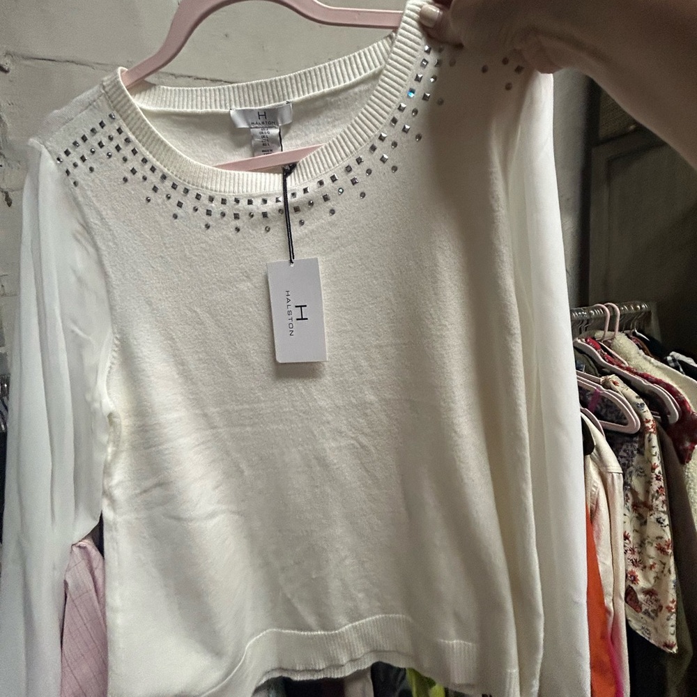 Halston Heritage Cream Crewneck Sweater with Rhinestone Trim